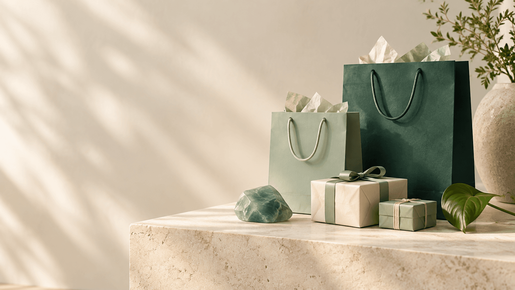Bolsas de compras y regalos en tonos jade sobre una superficie clara